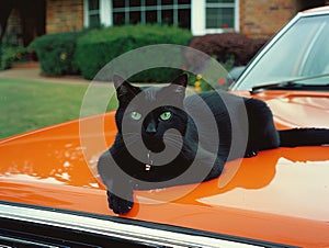 Black Cat resting on an old orange car