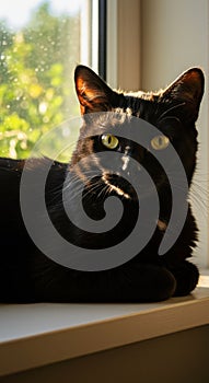 Black Cat Resting on Windowsill in Sunlight