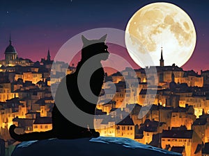 Black cat on the roof of the old city on a moonlit night. Black cat and full moon