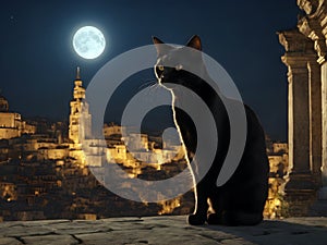 Black cat on the roof of the old city on a moonlit night. Black cat and full moon