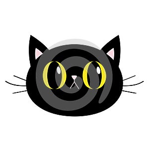 Black cat round head face icon. Big yellow eyes. Pink nose, ears. Cute funny cartoon character. Sad emotion. Kitty Whisker Baby