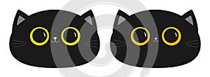 Black cat round head face icon set. Big yellow and green eyes. Small nose, ears. Cute funny cartoon character. Sad emotion. Kitty