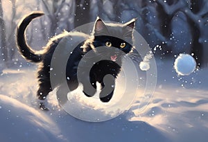 a black cat runs through the snow toward a ball that is upside down