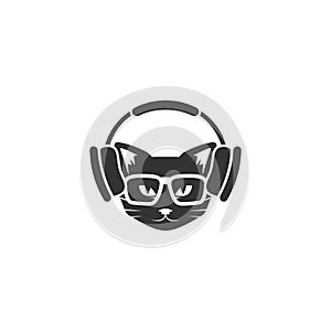 Black cat`s head with headphones icon isolated on white. tough, cool tom cat