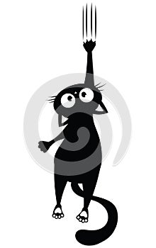 Black cat scratching the wall. Silhouette of cartoon cat climbing the wall. Vector illustration of a pet for kids