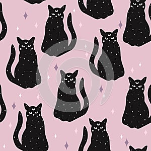 Black cat seamless pattern. Halloween background.