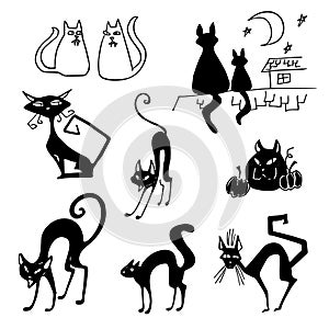 Black cat set. Cats on the roof of the house. Cat with pumpkin for halloween. Collection of silhouettes. Vector icons, decorating