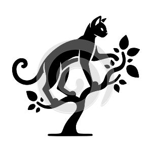 Black Cat Silhouette Perched on Tree Branch Vector Illustration