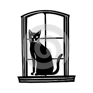 Black Cat Silhouette Sitting in a Window Frame vector illustration