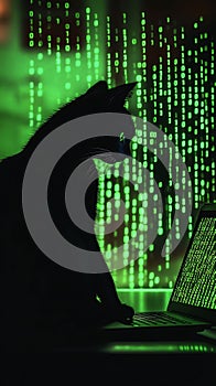 A black cat is silhouetted against a backdrop of glowing green binary code,
