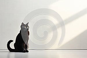 black cat sits against a light-gray wall illuminated by a sunbeam resembling a window