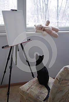 The black cat sits on a chair in front of the easel with a blank canvas and looks at a teddy bear. Winter outside the window