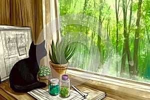 A black cat sits on a windowsill in a green forest. photo