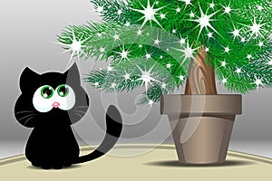 Black cat is sitting on the carpet under Christmas tree