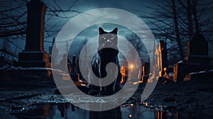 Black cat sitting in cemetery at night. Cat staring at camera, moonlight night