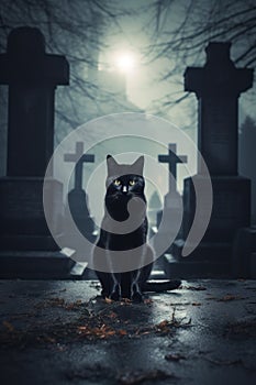 Black cat sitting in cemetery at night. Cat staring at camera, moonlight night.