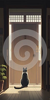 Black cat sitting in front of the door. Conceptual image.