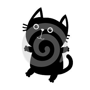 Black cat sitting icon. Cute funny cartoon smiling character. Kawaii animal. Big tail, whisker, eyes. Happy emotion. Kitty kitten