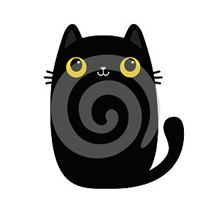Black cat sitting icon. Funny head face. Kitten with yellow eyes. Ears, nose, whisker. Cute cartoon funny baby character. Kawaii