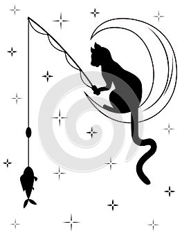 Black cat sitting on the moon and catches a fish photo