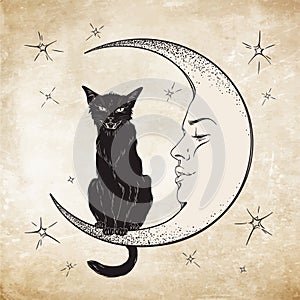 Black cat sitting on the moon. Wiccan familiar spirit vector