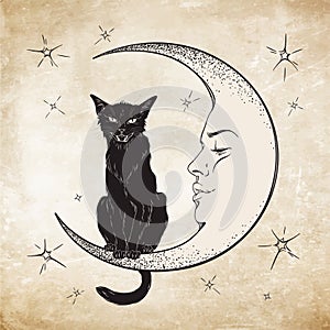 Black cat sitting on the moon. Wiccan familiar spirit vector photo