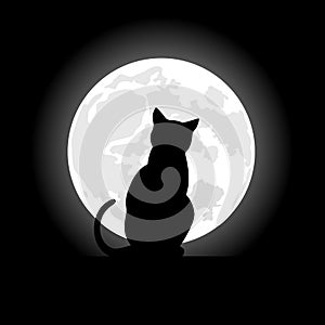 Black cat sitting opposite to the moon in night of the Halloween