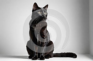 Black Cat Sitting: Paws Neatly Aligned Against a Stark White Background, Ample Negative Space for Attention