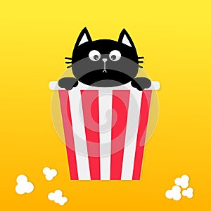 Black cat sitting in Popcorn box. Movie Cinema icon in flat design style. Pop corn. Cute cartoon funny pet character. Yellow gradi