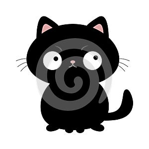 Black cat sitting. Sad face head silhouette icon. Funny kawaii doodle animal. Cute cartoon funny baby pet character. Round eyes,