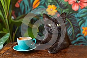 A black cat sitting on a table next to a cup of coffee
