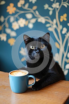 A black cat sitting on a table next to a cup of coffee