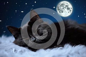 Black cat sleeping on fluffy cloud, starry night sky with a moon on background.