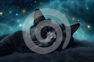 Black cat sleeping on fluffy cloud, stars on night sky background.