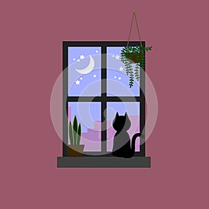 Black cat staring the moon and star on pastel purple sky through window decorated with house plants