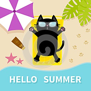 Black cat sunbathing on the beach Yellow air pool water mattress. Hello summer. Top aerial view. Beach, sea ocean, sand, umbrella,