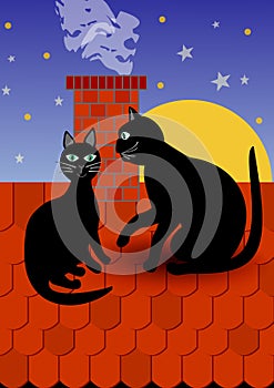 Black cat with tomcat by chimney on red roof, dark evening sky with stars on background. Vector illustration for fancier and suppo