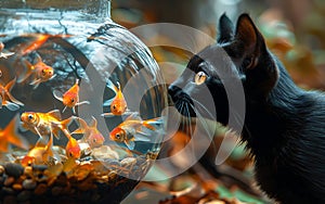 Black cat is watching goldfish in fishbowl. Black cat staring at goldfish in fish bowl