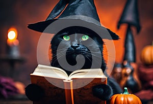 black cat wearing a witch's hat is reading a book