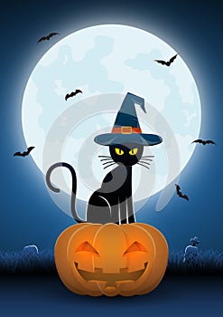 Black cat wearing witches hat sit on pumpkin head
