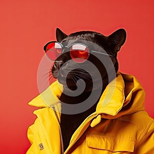 a black cat wearing a yellow jacket and red sunglasses. Generative Ai