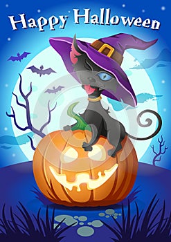 Black cat in witch hat on halloween pumpkin - cartoon vector greeting card
