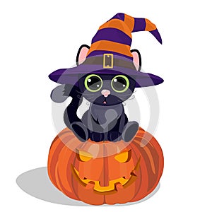 Black cat in a witch hat. Happy Halloween greeting card with cute black cat and pumpkin. Vector