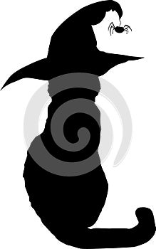 Black cat in witch hat silhouette isolated on white background.