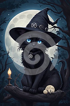 Black cat in witch hat sitting on a tree branch.