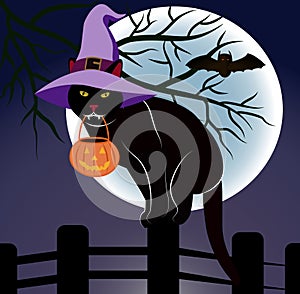 a Black Cat with a Witch's Hat Playfully Gnawing on a Pumpkin Bag, Underneath an Purple-Hued Sky
