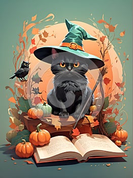 Black Cat With Witches Hat Sitting on Open Book. Generative AI.