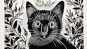 Black Cat Woodcut-inspired Graphic: A Simple Lino Print
