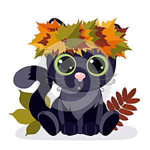 Black cat in a wreath of leaves. Cold fall autumn time. Vector illustration