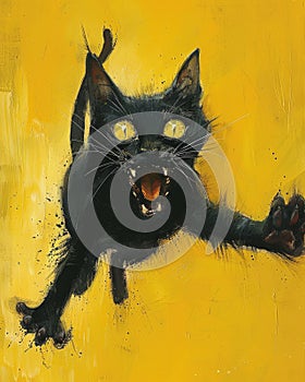 Black Cat With Yellow Eyes Attacking in the Air